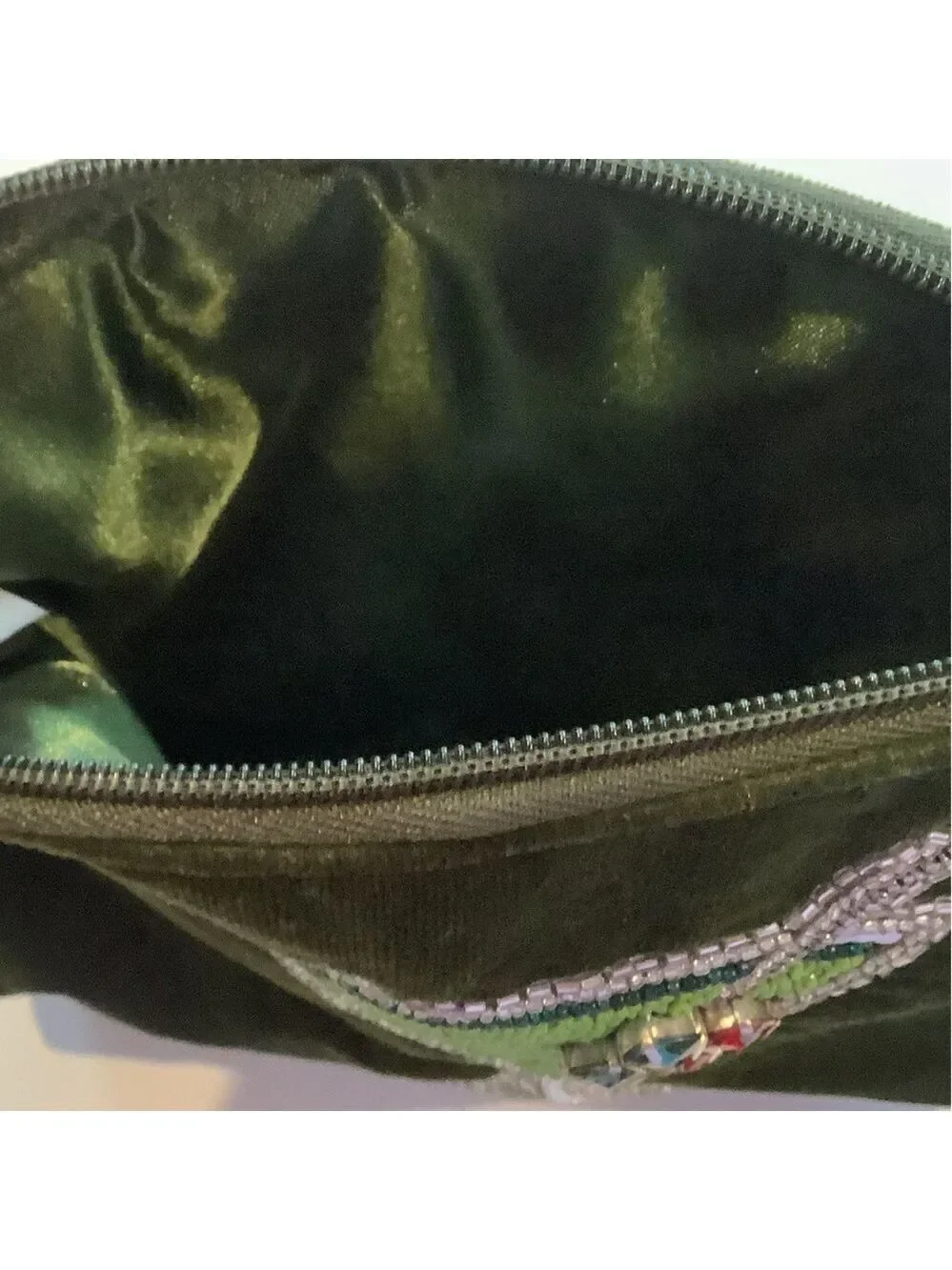 Martini Glass Green Velvet Beaded Cosmetic Pouch Bag New